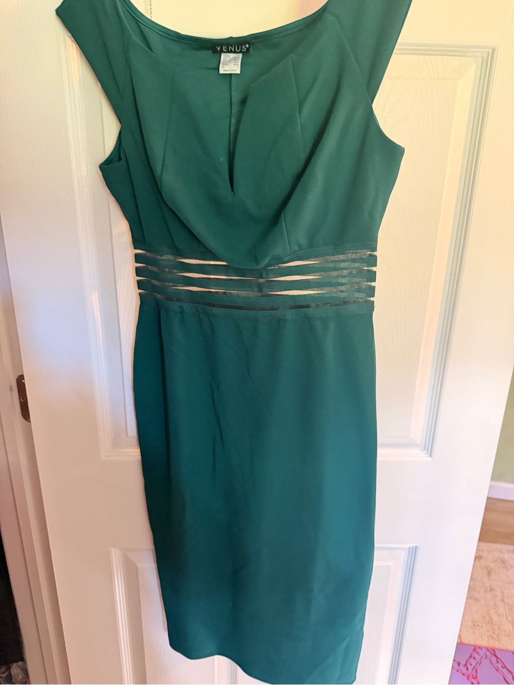 VENUS Teal Cap-Sleeve Sheath Dress with Sheer Waist Bands